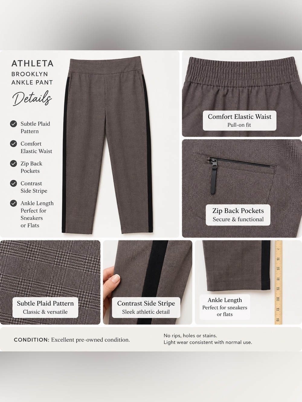 Athleta Brooklyn Ankle Pant Plaid Side Stripe Pull On Size 4 - Picture 4 of 12